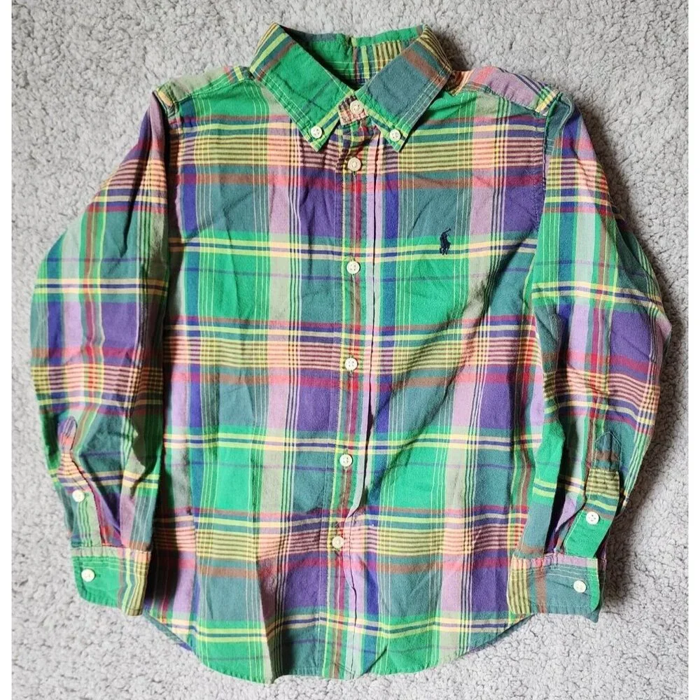 Ralph Lauren Green Plaid Button Down Long Sleeve Polo Shirt Youth Size 6‎ Cotton